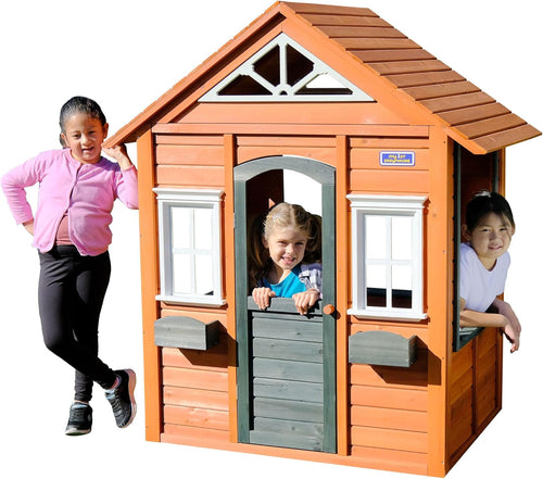 Wooden Playhouse with Door, Open Design, Flowerpots