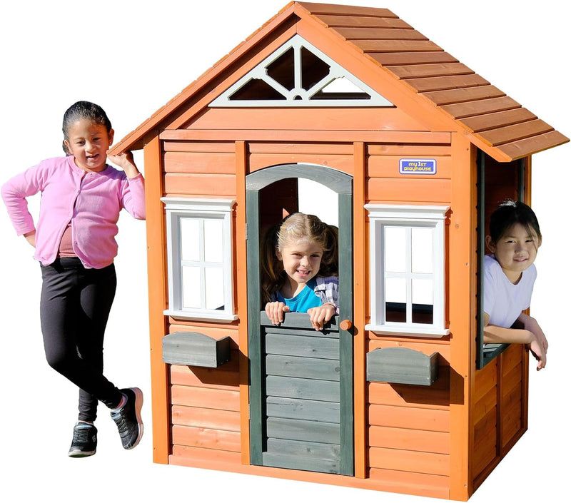Wooden Playhouse with Door, Open Design, Flowerpots