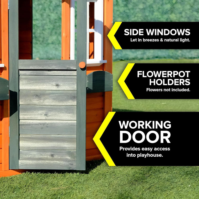 Wooden Playhouse with Door, Open Design, Flowerpots